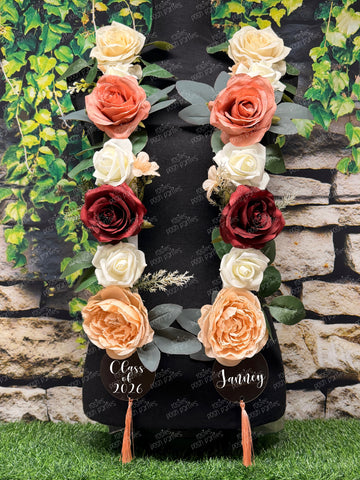 Personalized Graduation Flower Lei, Artificial Floral Rose Lei with Acrylic Circle Tags, Graduation Keepsake Stole
