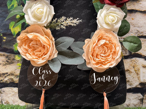 Custom Personalized Graduation Flower Lei, Artificial Floral Rose Lei with Acrylic Circle Tags, Graduation Keepsake Stole