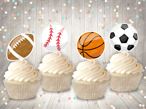 Sports Theme Cupcake Toppers Centerpiece Sport Party Sports Birthday Soccer Football Baseball Basketball decoration Birthday Theme SET OF 12