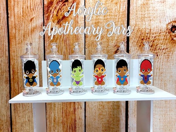 African American Superhero Baby Shower Birthday Theme Apothecary Jar Favors
