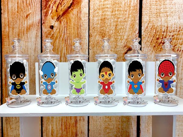 African American Superhero Baby Shower Birthday Theme Apothecary Jar Favors