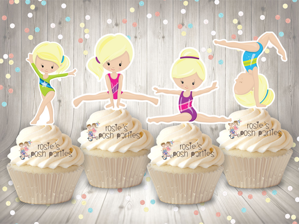 Gymnast Birthday Theme Cupcake Topper Blonde Gymnast Favors SET OF 12