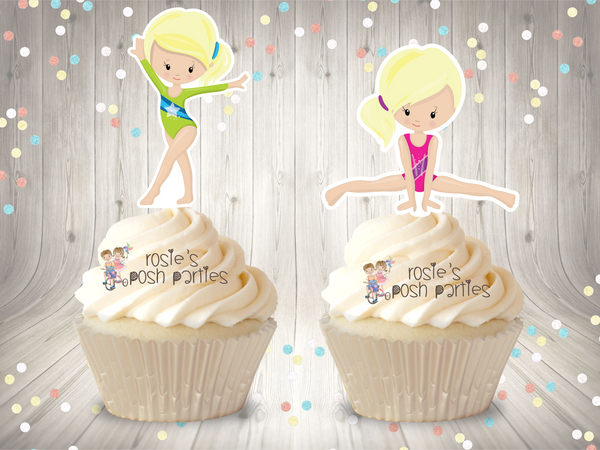 Gymnast Birthday Theme Cupcake Topper Blonde Gymnast Favors SET OF 12