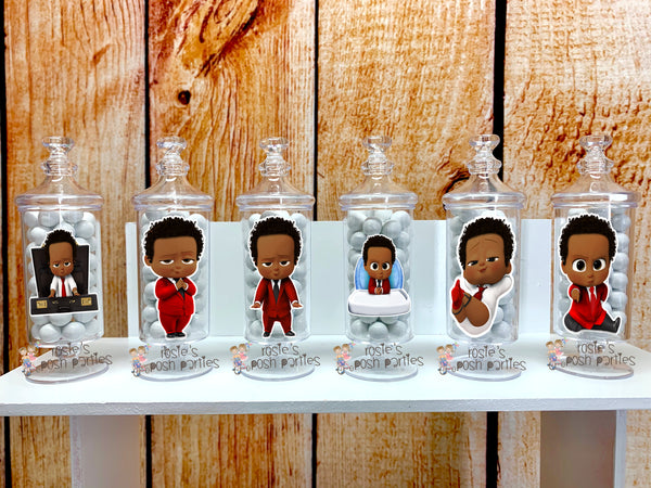 African Boss Baby Red Suit Boy Birthday or Baby Shower Apothecary Jar Favors