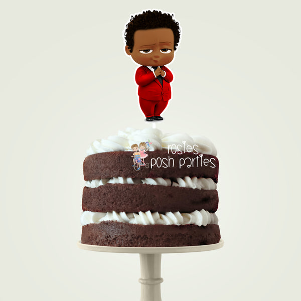 African American Boss Baby Red Suit Baby Shower or Birthday Cake Topper AF Baby Standing with Hands Together