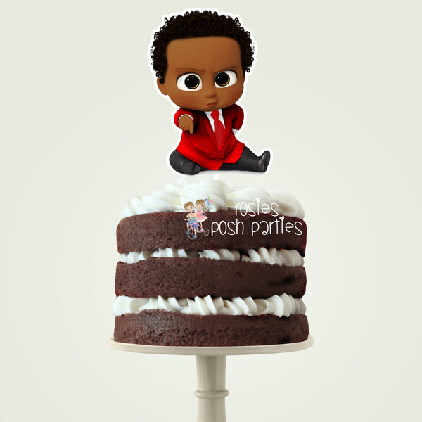 African American Boss Baby Red Suit Baby Shower or Birthday Cake Topper AF Sitting Pointing Down