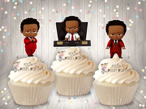 African American Boss Baby Red Suit Birthday Baby Shower Cupcake Toppers
