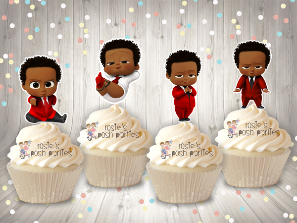 African American Boss Baby Red Suit Baby Shower or Birthday Cupcake Toppers SET OF 12