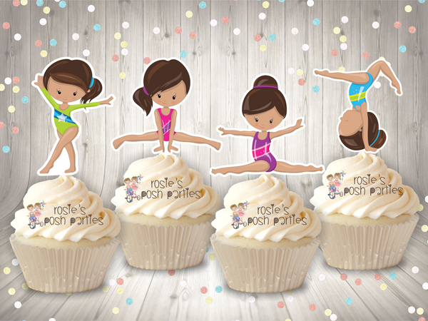 Brown Hair Gymnast Birthday Theme Cupcake Topper