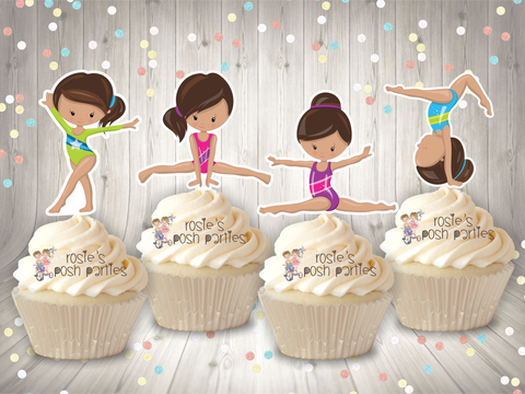 Brown Hair Gymnast Birthday Theme Cupcake Topper