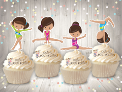 Gymnast Birthday Theme Cupcake Topper Brown Hair Gymnast Favors SET OF 12