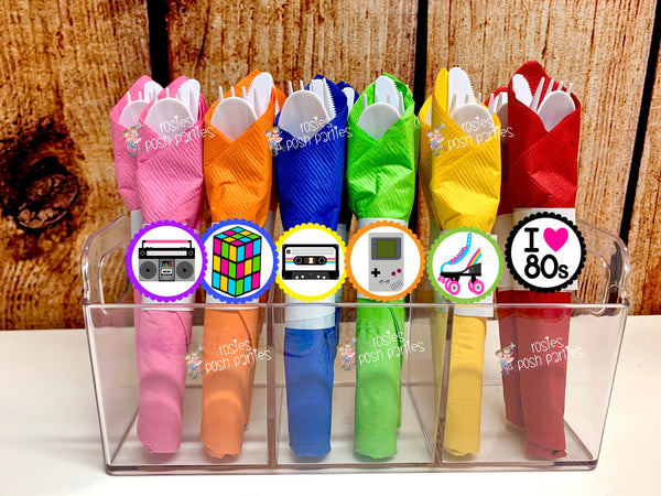 I love 80s birthday theme napkin wrapped utensil kits
