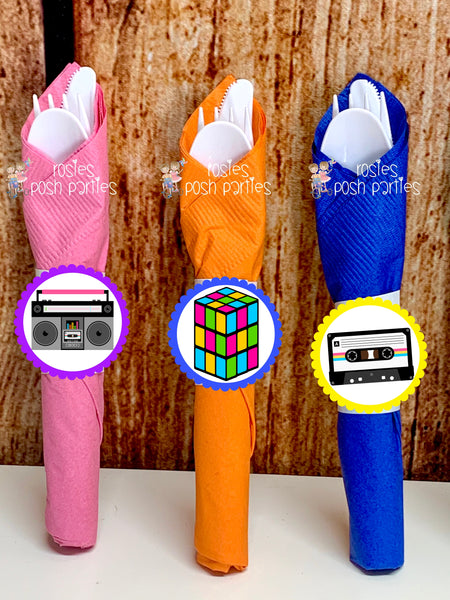 I love 80s birthday theme napkin wrapped utensil kits