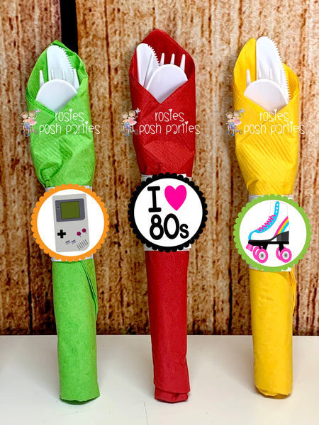 I love 80s birthday theme napkin wrapped utensil kits