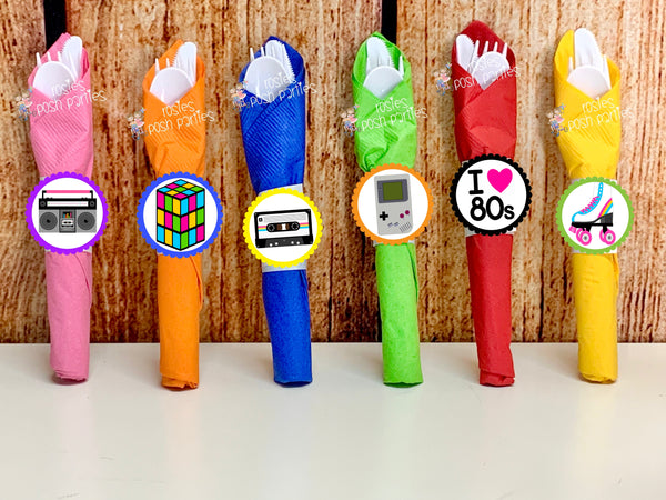 I love 80s birthday theme napkin wrapped utensil kits