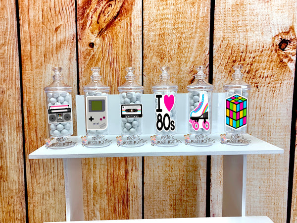 i love 80s birthday theme apothecary favor jars