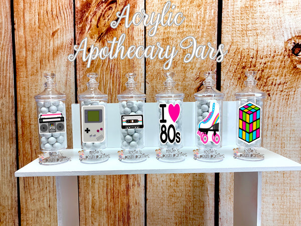i love 80s birthday theme apothecary favor jars