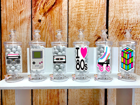 i love 80s birthday theme apothecary favor jars