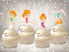 Gymnast Birthday Theme Cupcake Topper Red Hair Gymnast Favors SET OF 12