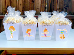 Gymnast Birthday Theme Popcorn Red Hair Gymnast Favor Bins SET OF 12