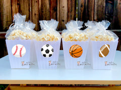 All-Star Sports Theme Popcorn Boxes | Individual Plastic Bins with Sport Balls for Table Snacks or Party Bags SET OF 12