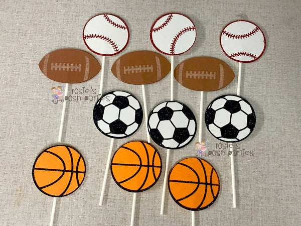 Sports Theme Cupcake Toppers Centerpiece Sport Party Sports Birthday Soccer Football Baseball Basketball decoration Birthday Theme SET OF 12
