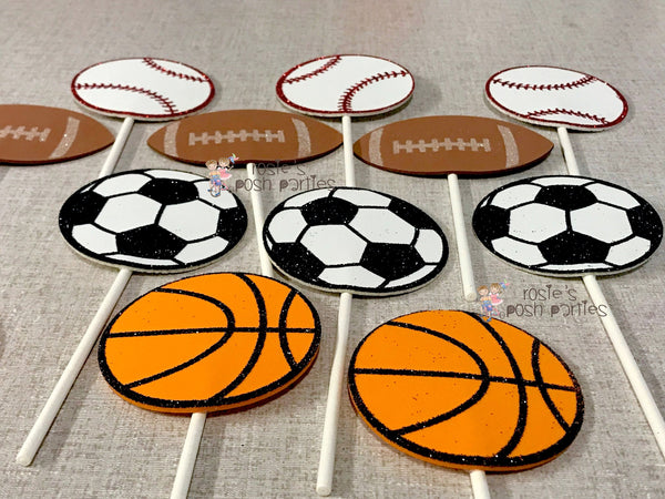 Sports Theme Cupcake Toppers Centerpiece Sport Party Sports Birthday Soccer Football Baseball Basketball decoration Birthday Theme SET OF 12