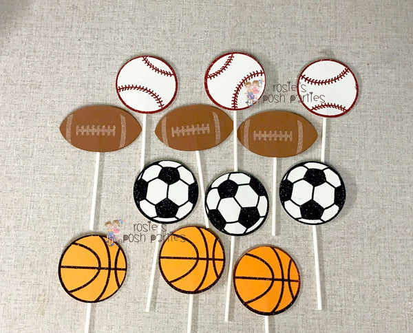 Sports Theme Cupcake Toppers Centerpiece Sport Party Sports Birthday Soccer Football Baseball Basketball decoration Birthday Theme SET OF 12