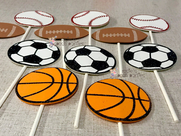 Sports Theme Cupcake Toppers Centerpiece Sport Party Sports Birthday Soccer Football Baseball Basketball decoration Birthday Theme SET OF 12