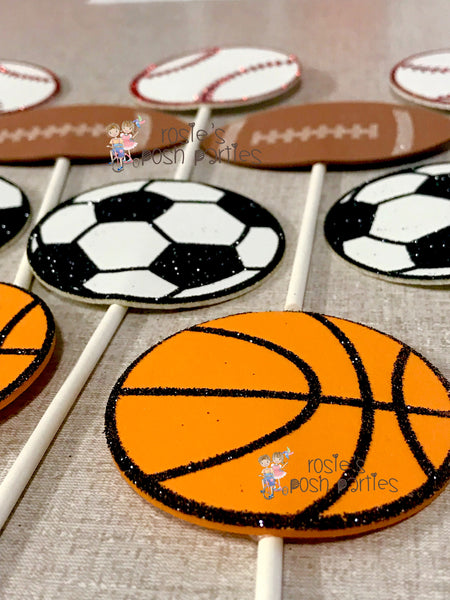 Sports Theme Cupcake Toppers Centerpiece Sport Party Sports Birthday Soccer Football Baseball Basketball decoration Birthday Theme SET OF 12