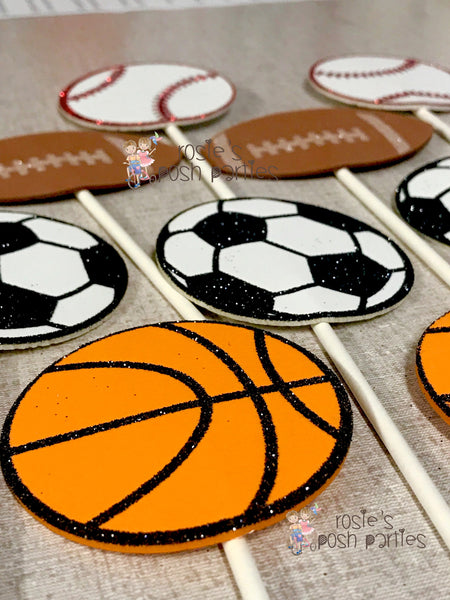 Sports Theme Cupcake Toppers Centerpiece Sport Party Sports Birthday Soccer Football Baseball Basketball decoration Birthday Theme SET OF 12