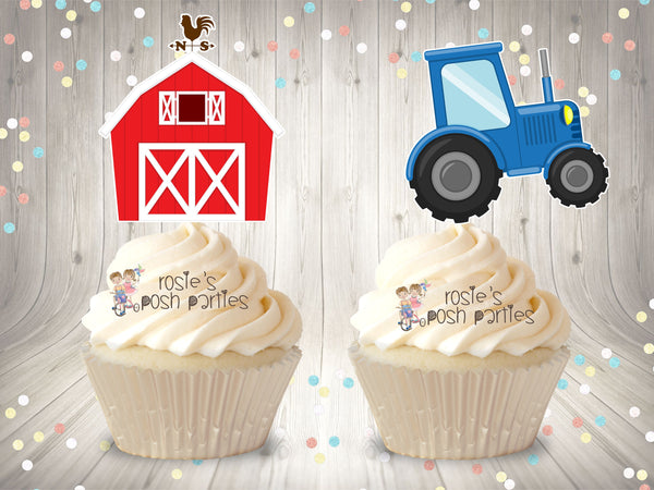 Farm Theme Birthday Party Cupcake Toppers Farm Baby Shower Cake Decoration Toppers on Lollipop Horse Cowboy Pig Tractor Party SET OF 12