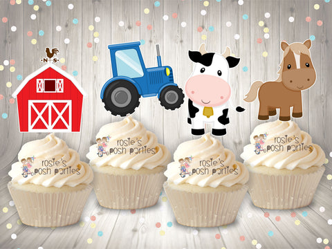 Farm Theme Birthday Party Cupcake Toppers Farm Baby Shower Cake Decoration Toppers on Lollipop Horse Cowboy Pig Tractor Party SET OF 12