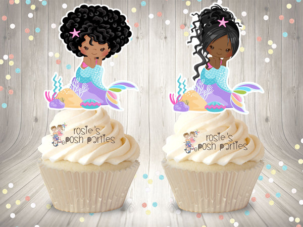 African Mermaid Pastel Theme Decoration Cupcake Toppers African American Mermaid Theme Cupcake Decoration SET OF 12