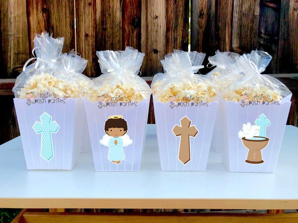 Christening Baptism Theme Popcorn Favor Bins | Christening Favors | Popcorn Bins | African American Christening Theme SET OF 12