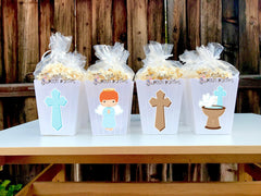 Christening Baptism Theme Popcorn Favor Bins | Christening Favors | Popcorn Bins | Boy Christening Theme SET OF 12