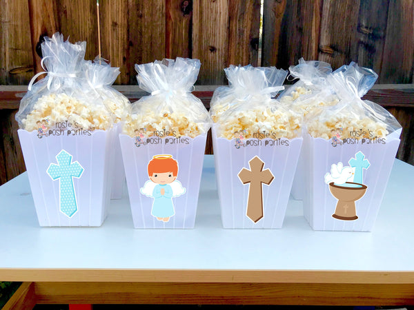 Christening Baptism Theme Popcorn Favor Bins | Christening Favors | Popcorn Bins | Boy Christening Theme SET OF 12