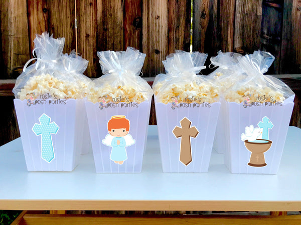 Christening Baptism Theme Popcorn Favor Bins | Christening Favors | Popcorn Bins | Boy Christening Theme SET OF 12