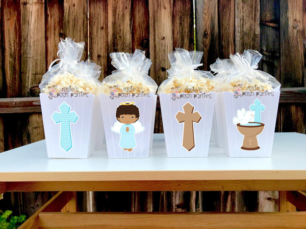 Christening Baptism Theme Popcorn Favor Bins | Christening Favors | Popcorn Bins | African American Christening Theme SET OF 12
