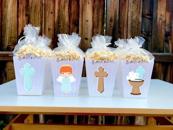 Christening Baptism Theme Popcorn Favor Bins | Christening Favors | Popcorn Bins | Boy Christening Theme SET OF 12