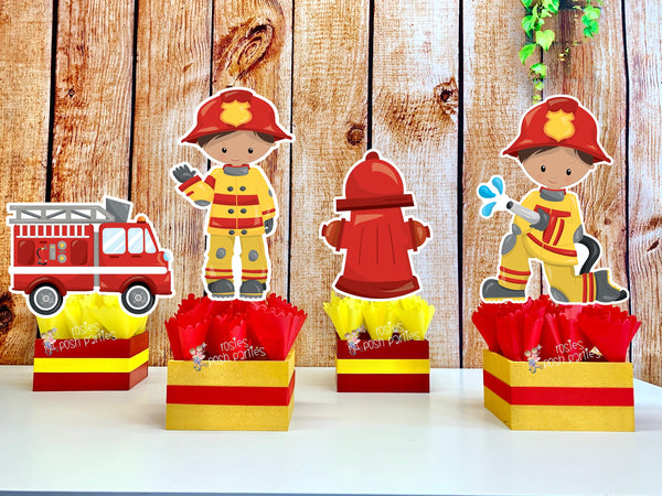 Firefighter Birthday Theme | Fire Truck Party Centerpiece Decoration | Firemen Theme Party | Fire Truck Party Centerpiece | Brown SET OF 4