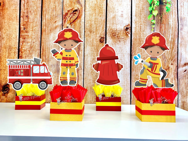 Firefighter Birthday Theme | Fire Truck Party Centerpiece Decoration | Firemen Theme Party | Fire Truck Party Centerpiece | Brown SET OF 4