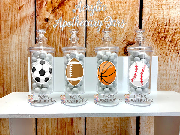 Sports birthday party Apothecary Favor Jars Baseball Basketball party decoration birthday Soccer Football Apothecary Party Favor SET OF 12
