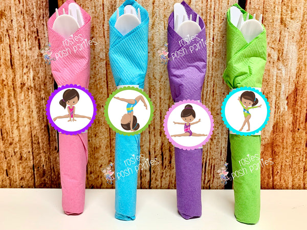 Gymnastics Birthday Theme | Gymnastics Party Decoration | Gym Birthday Party | Brown Hair Theme | Gymnast Utensils Favor | SET OF 12