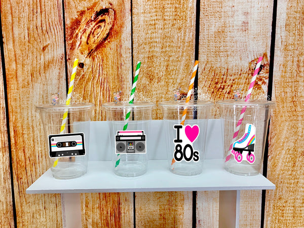 i love 80s birthday theme party favor cups