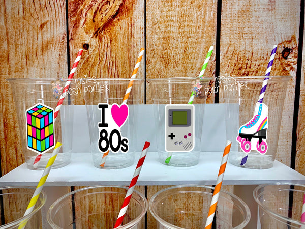 i love 80s birthday theme party favor cups