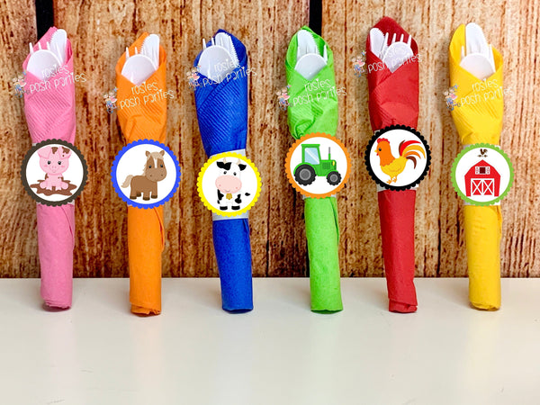 Farm Birthday Theme | Farm Party | Farm Theme Wrapped Utensils | Farm Party Decoration | Barnyard Party | Barn Horse Cow Tractor SET OF 12