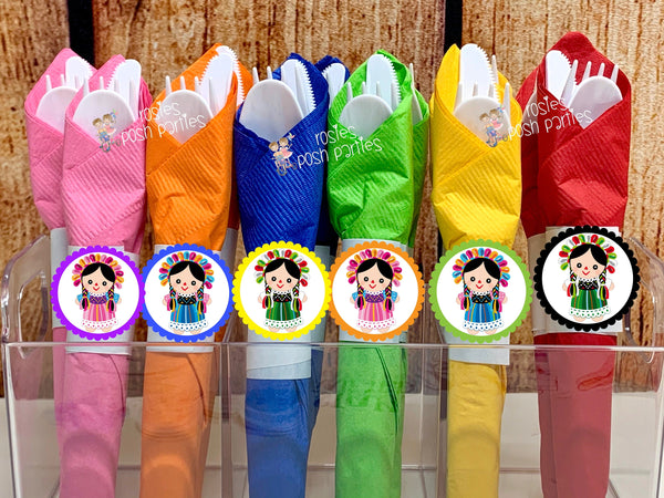 Mexican Rag Doll Theme | Mexican Rag Doll Party | Fiesta Mexicana Party | Guarecita Doll | Mexican Handmade Maria | Wrapped Utensil SET 12