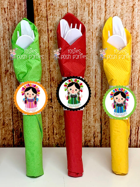 Mexican Rag Doll Theme | Mexican Rag Doll Party | Fiesta Mexicana Party | Guarecita Doll | Mexican Handmade Maria | Wrapped Utensil SET 12