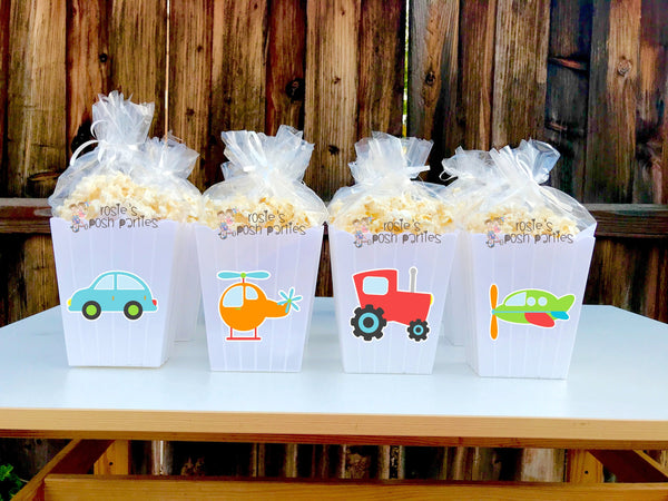 Transportation Birthday Theme | Transportation Favors | Popcorn Bin Favors | Transportation Favors Truck Helicopter Airplane Car SET OF 12